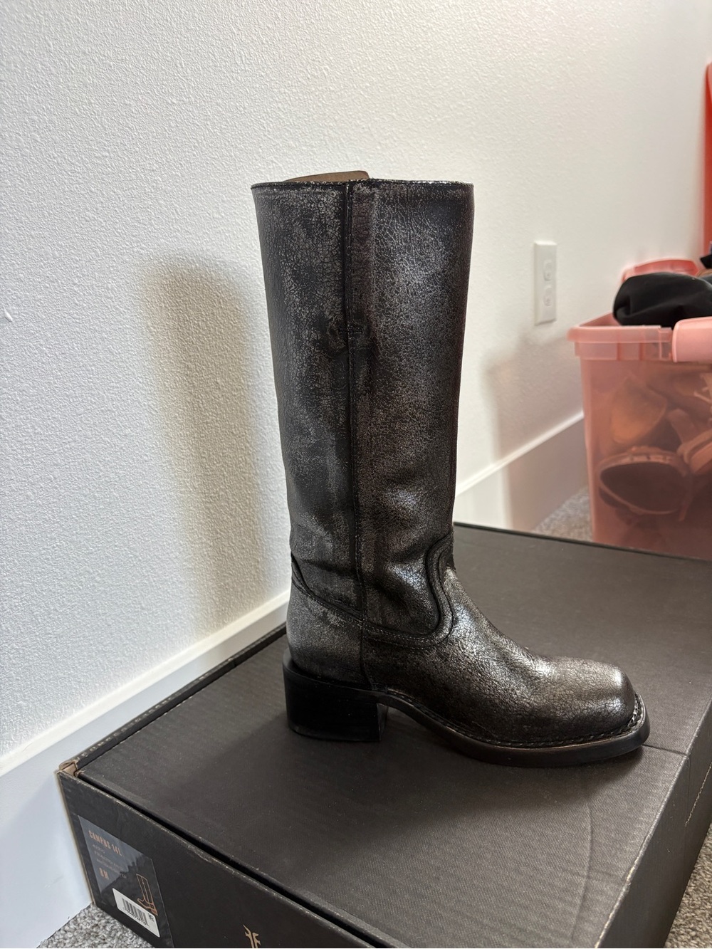 Frye Metallic Black Mid-Calf Leather Heeled Boot
